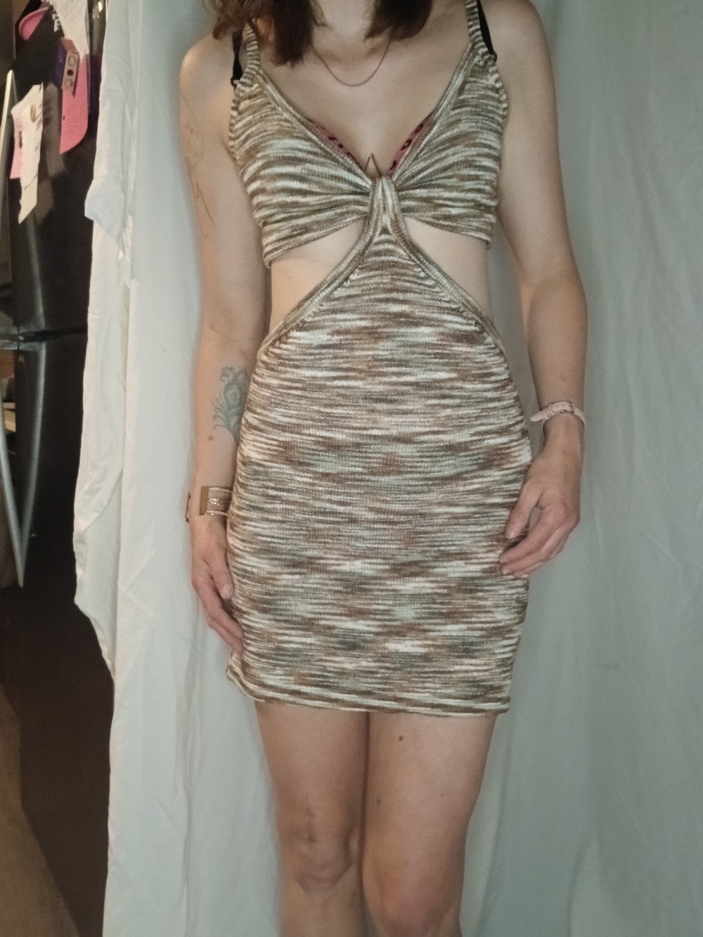 Knit Cutout Mini Dress in Mixed Neutral Tones